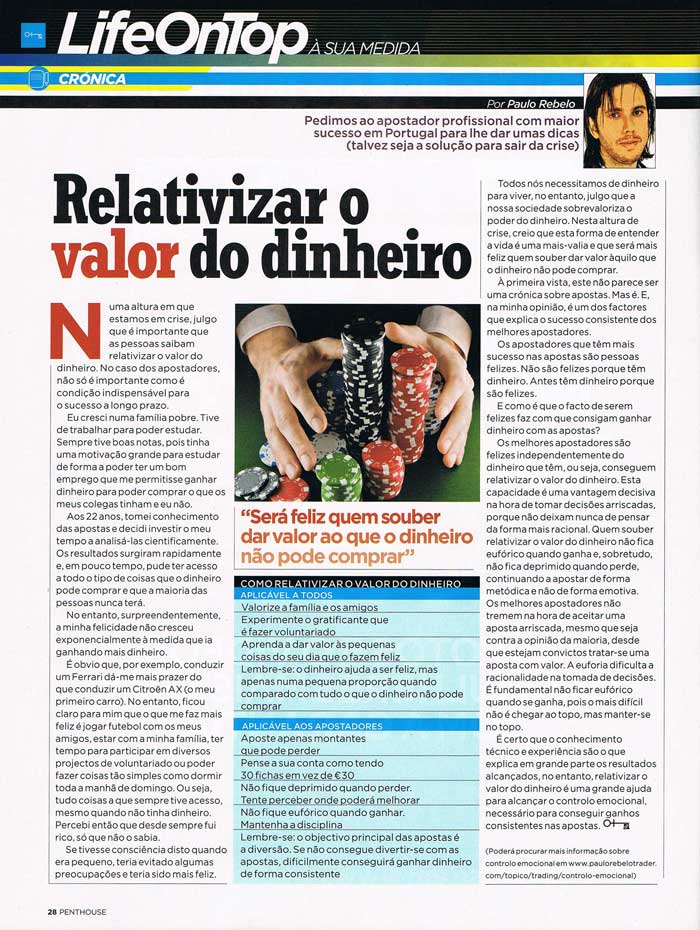 Crónica Paulo Rebelo na revista PENTHOUSE Setembro 2011 - Relativizar o valor do dinheiro.