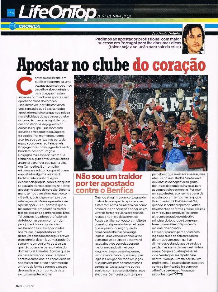 Crónica Paulo Rebelo na revista PENTHOUSE Março 2012 - Apostar no clube do coração